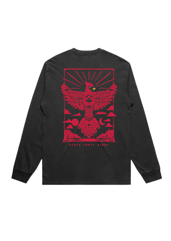 Men’s Heavy Long Sleeve Crew Neck Cardinal Sun| Faded Black & Red