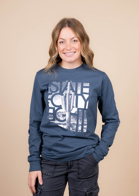 Men’s Long Sleeve Crew Neck Fading Saguaro | Petrol Blue